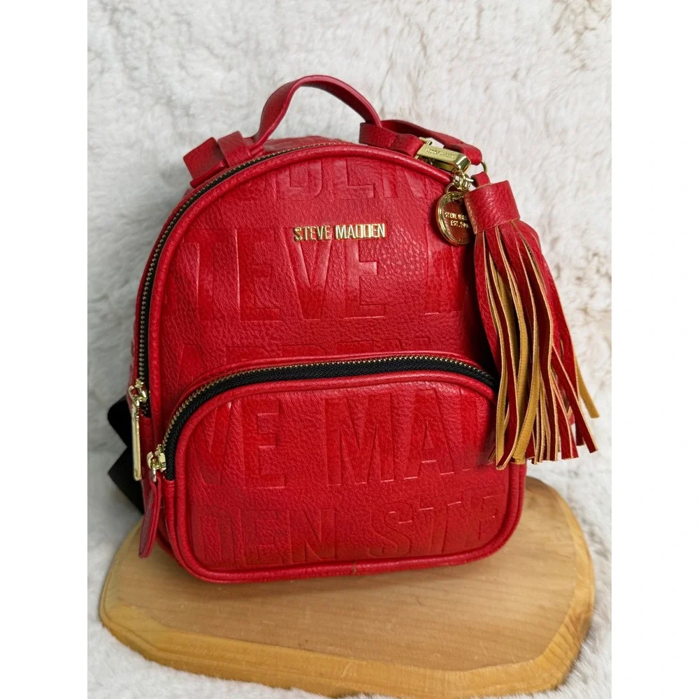 Steve Madden Red Embossed Logo Mini Backpack Gold Hardware Tassel Charm Womens